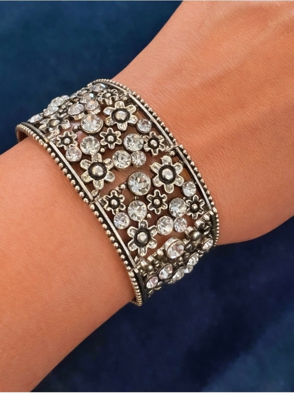 Crystal Flower Silver-Tone Stretch Cuff Bracelet - Picture 5 of 5
